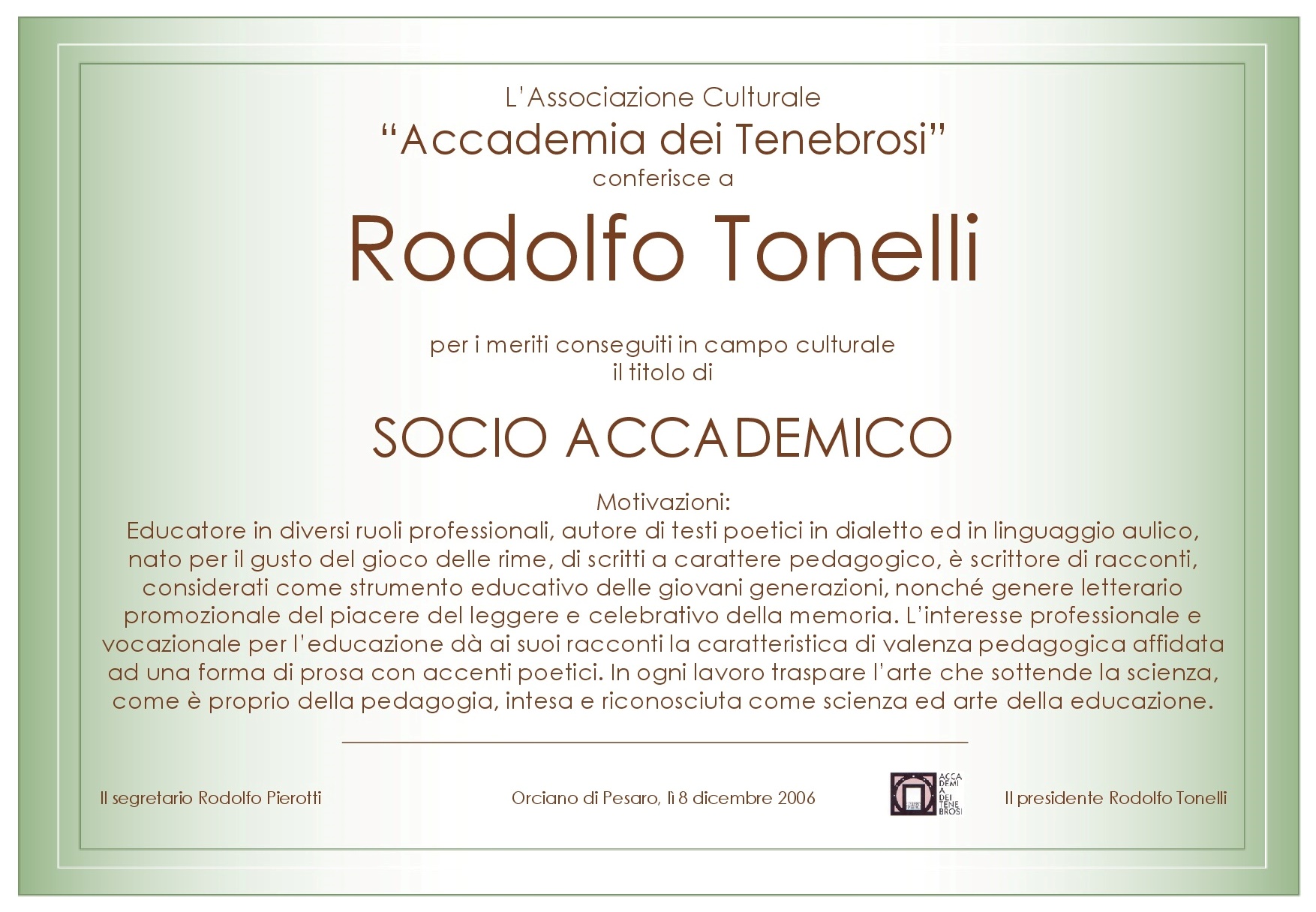 Attestato Socio Accademico Rodolfo Tonelli