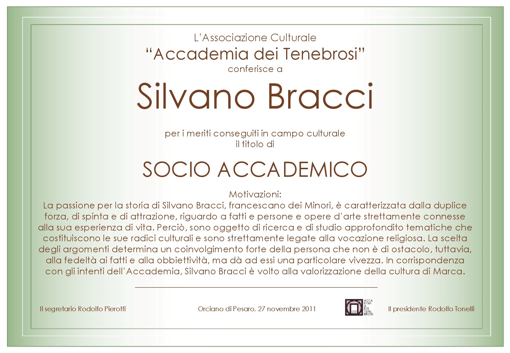 Attestato Socio Accademico Silvano Bracci